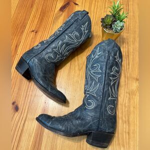 LARRY MAHAN Women Cowgirl Boots Tall Leather Western Round Toe Blue Gray 8D/480